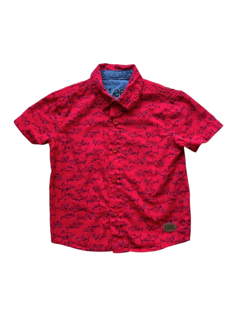 Lee Shirt Boys 18M 100% Cotton Button Down Red + Black Sharks Nautical Sailor